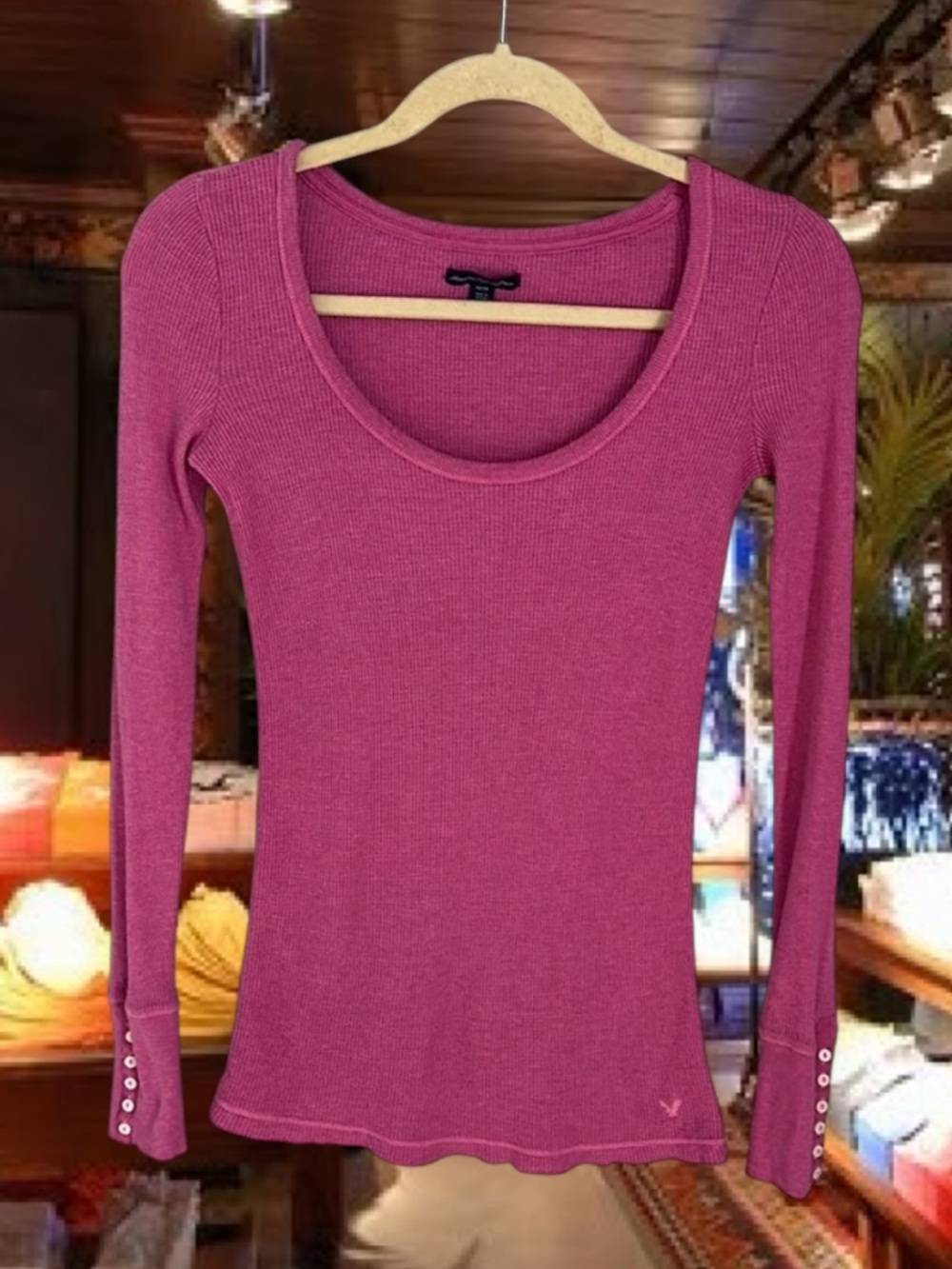 American Eagle Outfitters Pink Long Sleeve Scoop Neck Thermal Top